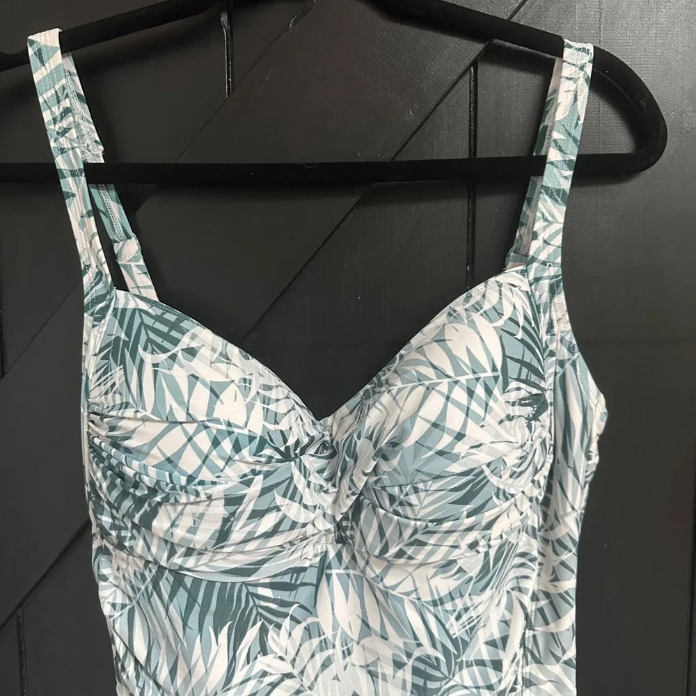 Niptuck Swim‎ One Piece Swimsuit Teal White Palm Print Ruched Tummy Control  10